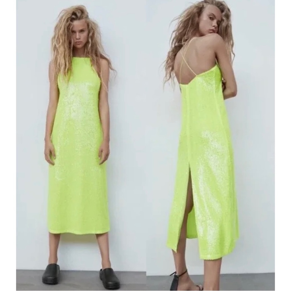 Zara Neon Green Lime Sequin Back Slit Strappy Midi Dress Blogger Favorite XS